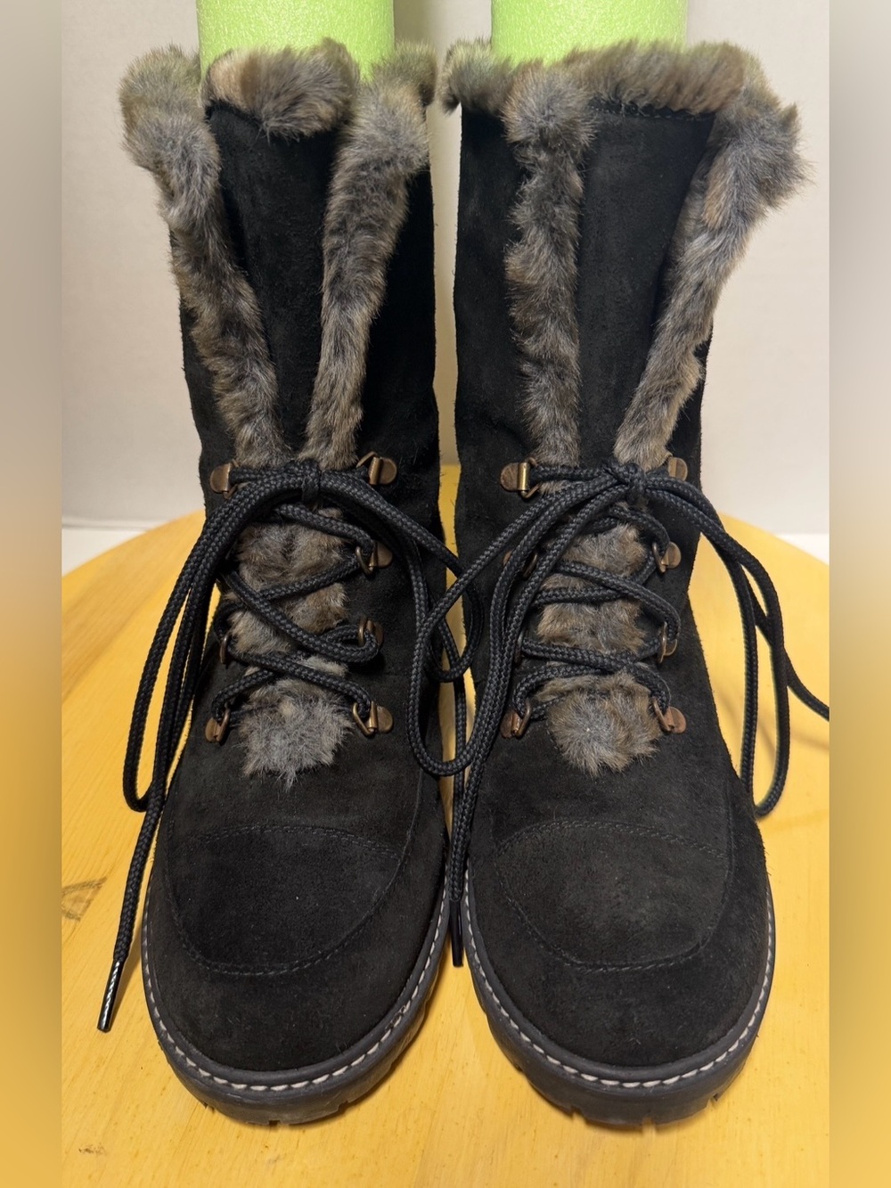 Stuart Weitzman Black Suede Luge Faux Fur Trim Lace Up Mid Calf Winter Boots